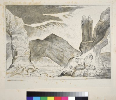 دائرة المزورين: دانتي وفيرجيل يغطون أنوفهم بسبب الرائحة الكريهة ، الجحيم ، كانتو التاسع والعشرون ، توضيح للكوميديا الإلهية لدانتي أليغييري ، c.1827-38 بواسطة وليام بليك